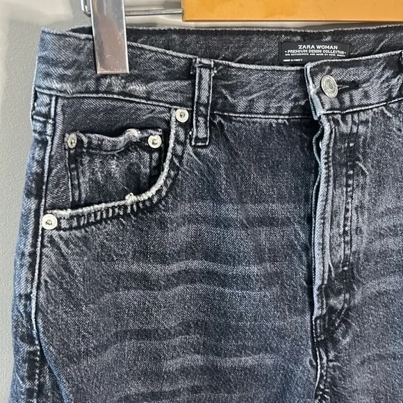 Zara Women Denim Collection Black Distressed High Rise Straight Leg Woman's Sz 6 - Picture 2 of 12